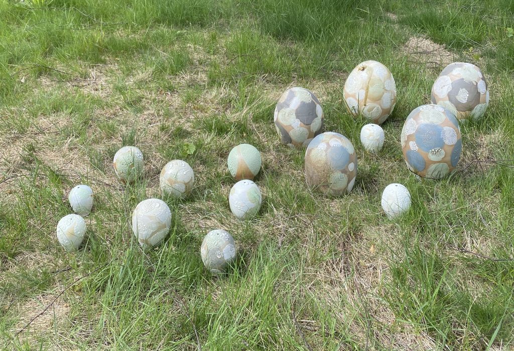 Ceramic art lichen-glazed sculptural forms made by Linda Bloomfield at Guldagergaaard International Ceramic Research Centre