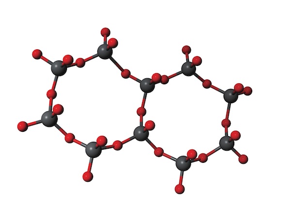 Diagram of network structure in silica. Each oxygen atom is joined to two silicon atoms. Image: Elin Barrett